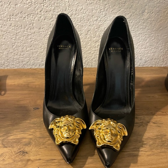 Versace Shoes - Versace Black Heels with Gold Medusa Accent